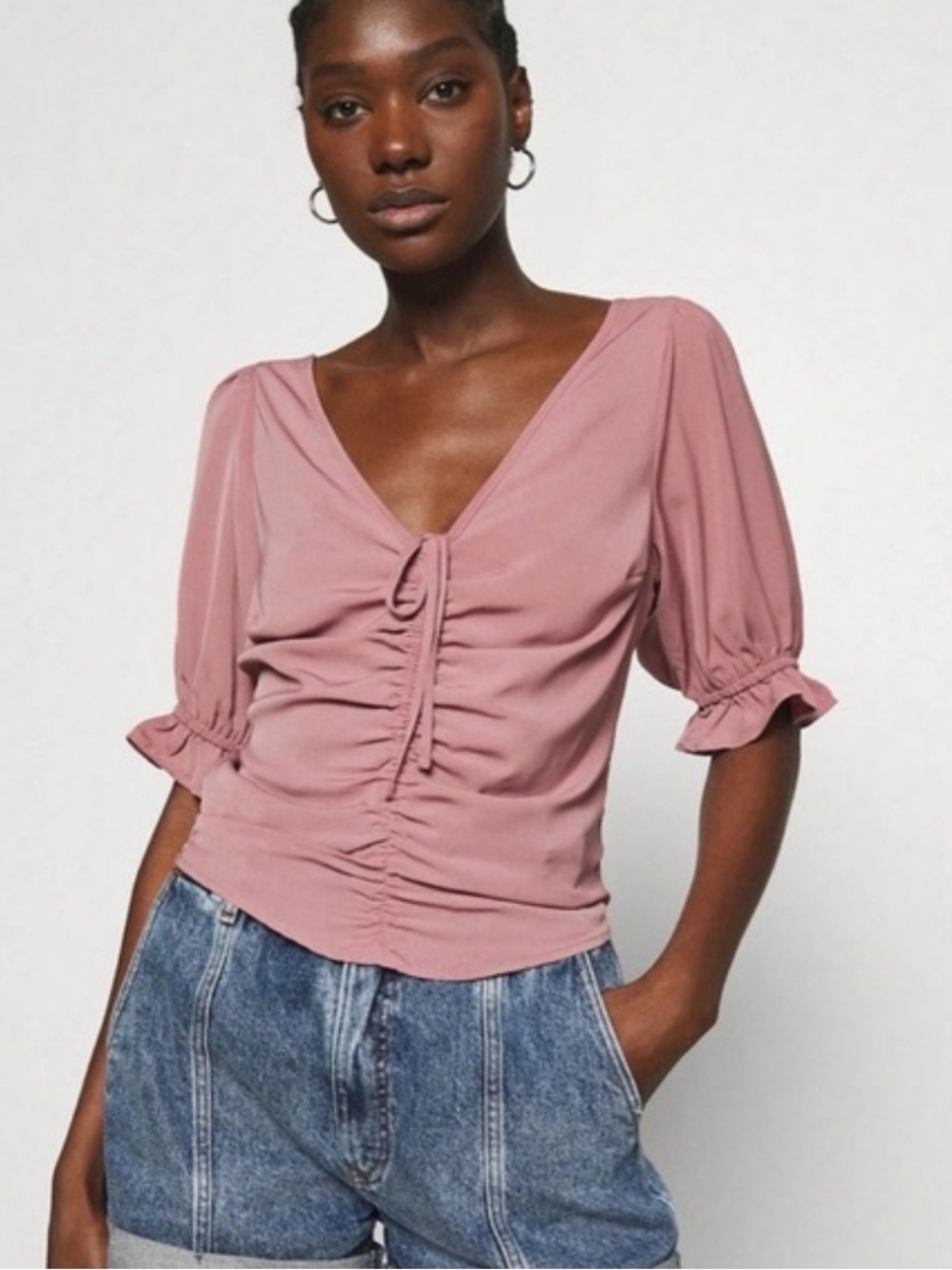 Abercrombie Fitch Dusty Rose Cinched Front Puff Sleeve Smocked Top Small